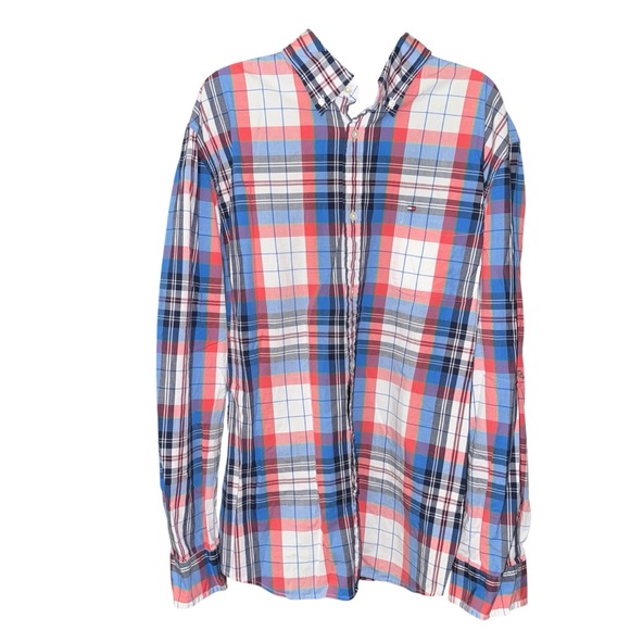 Tommy Hilfiger Men’s XL Button Down Plaid Shirt Red Blue White Long Sleeve - Picture 2 of 5